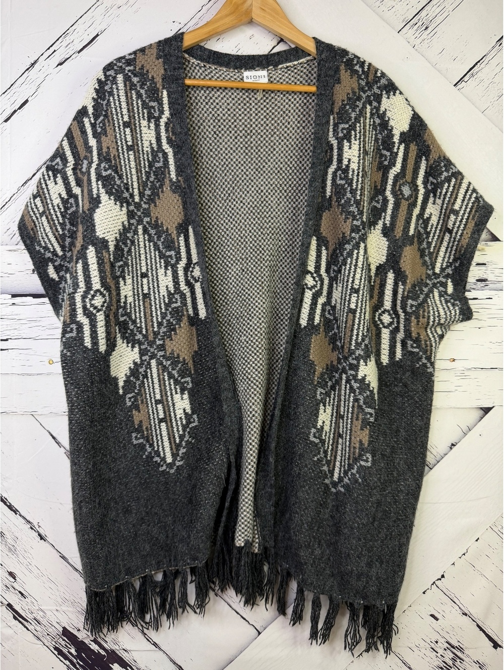 Sioni Boho Western Festival Chic Fringe Hem Poncho Cardigan Sweater Women XL